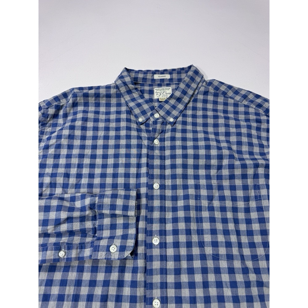 J Crew Secret Wash Shirt Mens 2XL Blue Grey Gingham Check Stretch Classic Fit LS